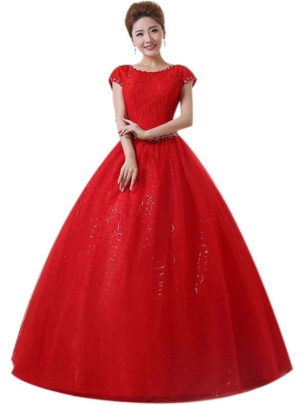 Women's Double Shoulder Floor Length Bridal Gown Bright Red Wedding Dress